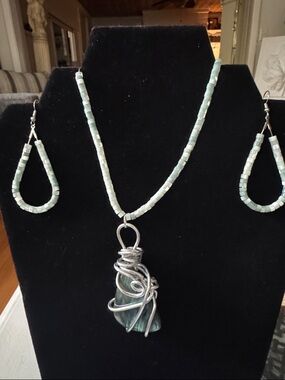 Handmade Seafoam Green Mother of Pearl Beads with Labradorite and Earring Set